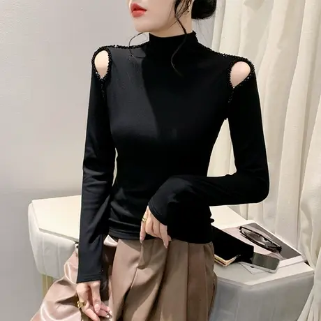 黑色加厚高领T恤女长袖性感镂空烫钻拼接上衣洋气修身秋冬打底衫图片