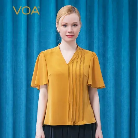 VOA真丝30姆米重磅V领香槟黄荷叶短袖不对称后背X型设计桑蚕丝T恤图片
