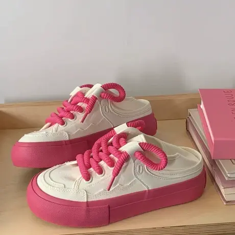 草莓小香风帆布鞋女夏季透气小白鞋2023新款爆款平底半拖板鞋两穿商品大图