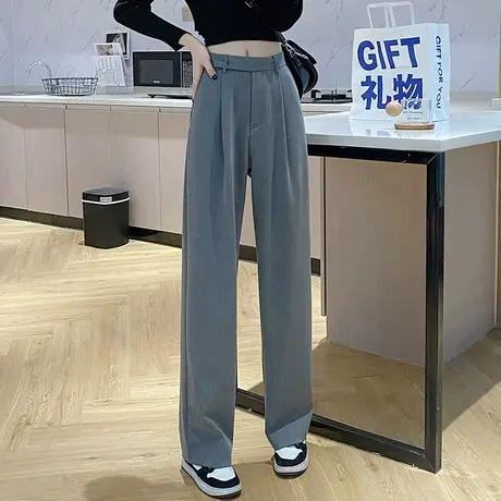 丽洁女裤西装阔腿裤女高腰垂感直筒裤宽松通勤春秋新款黑色拖地裤图片