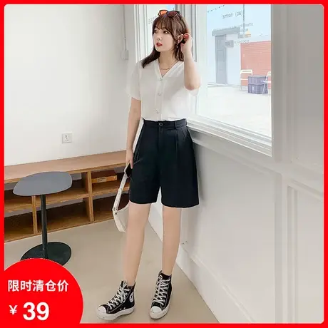 显瘦大码胖妹妹短裤女2023夏季新款宽松百搭直筒胖MM五分裤黑色商品大图
