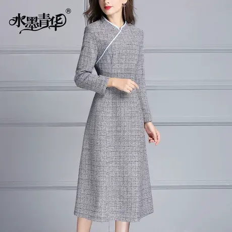 【1件7.9折】冬新款简约修身大摆裙优雅收腰毛呢连衣裙图片