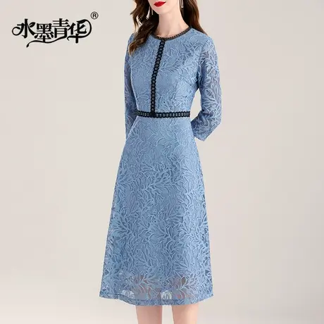 水墨青华新款冬装优雅蕾丝连衣裙时尚修身收腰百搭A字打底裙商品大图