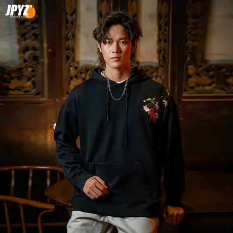 春秋季潮牌国潮复古梅花刺绣连帽卫衣男士女生情侣上衣帽衫外套图片