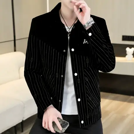 男装上衣新款春秋季男士韩版修身条纹夹克衫青年高端时尚帅气外套商品大图