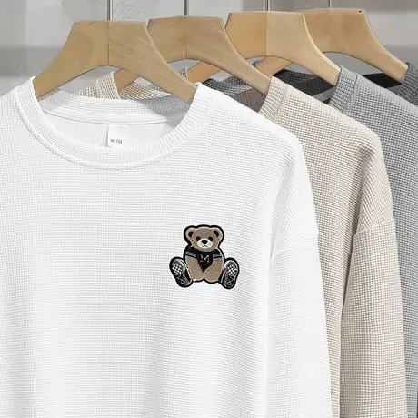 春秋款华夫格白色卫衣男小熊无帽上衣服圆领长袖t恤宽松潮流百搭商品大图