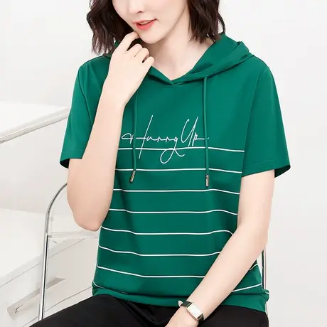 夏装短袖条纹t恤纯棉中年妈妈装2023新款大码宽松遮肚连帽上衣女图片
