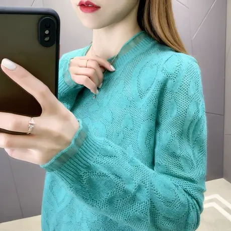 圆领薄款镂空针织衫女洋气2024春装新款宽松长袖百搭套头打底上衣图片