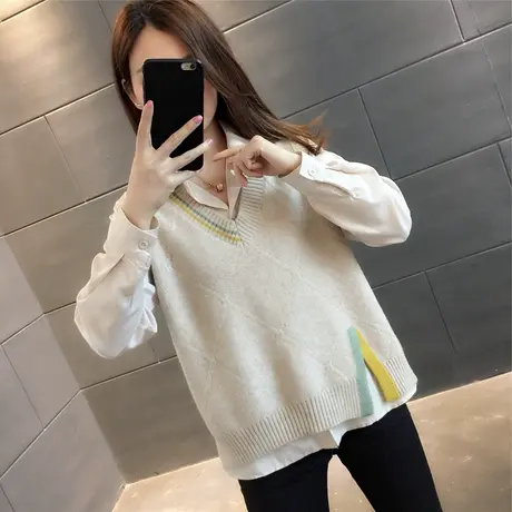 2023春季新款复古文艺女装V领拼色宽松开叉休闲无袖套头针织马甲图片