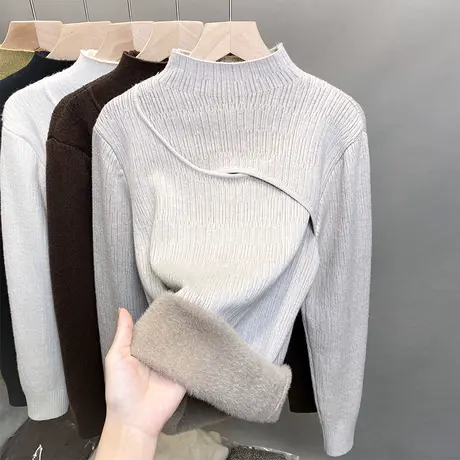 加绒半高领毛衣女一体绒加厚打底衫2023秋冬新款针织衫内搭上衣潮图片
