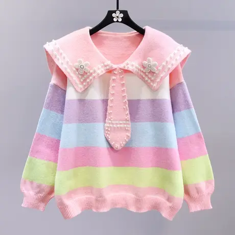 海军领撞色条纹毛衣女秋冬2023新款宽松学院风外穿减龄针织衫上衣商品大图