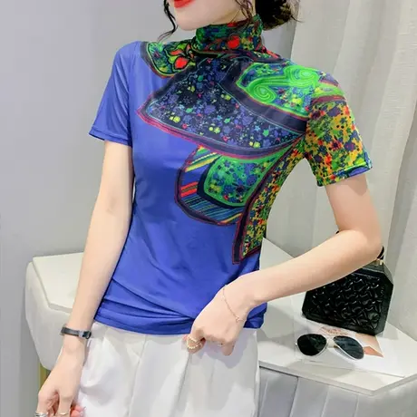 复古印花网纱短袖T恤女2023夏装新款高领紧身小衫洋气显瘦上衣潮商品大图