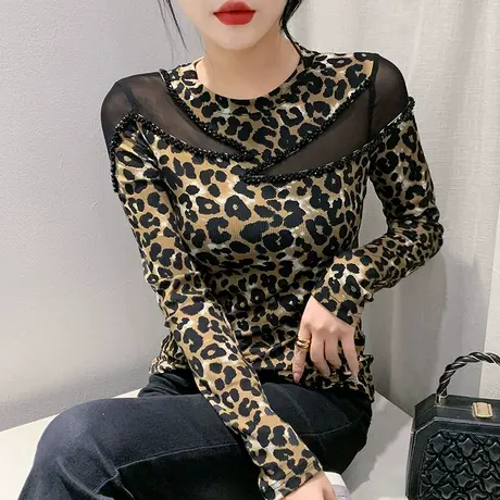 欧货豹纹T恤女长袖秋装时尚网纱拼接钉珠上衣内搭性感镂空打底衫商品大图