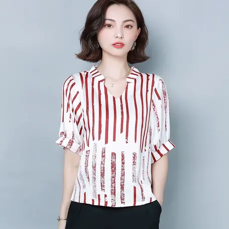 雪纺衬衫女2023夏装新款短袖仿真丝上衣别致小众宽松T恤洋气碎花图片