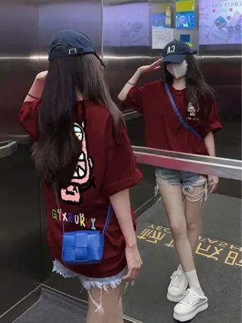 酒红色纯棉短袖t恤女2023新款夏季设计感小众美式复古中长款上衣商品大图