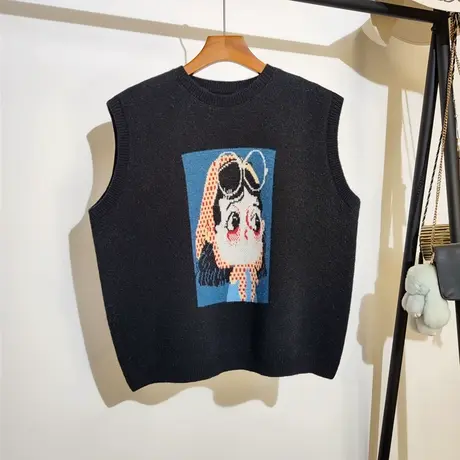 卡通女孩提花针织马甲女秋冬新款宽松慵懒风无袖坎肩毛衣背心外穿商品大图