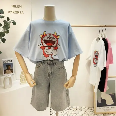 2021春夏新款韩国东大门原宿风港味休闲短袖印花圆领体恤衫大码潮图片