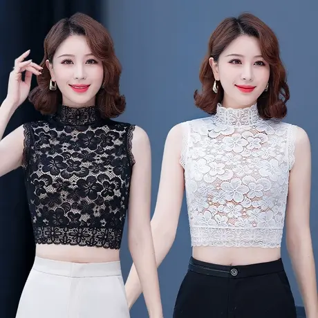 气质高领无袖背心女2022年秋冬款黑色蕾丝打底衫内搭t恤上衣假领图片