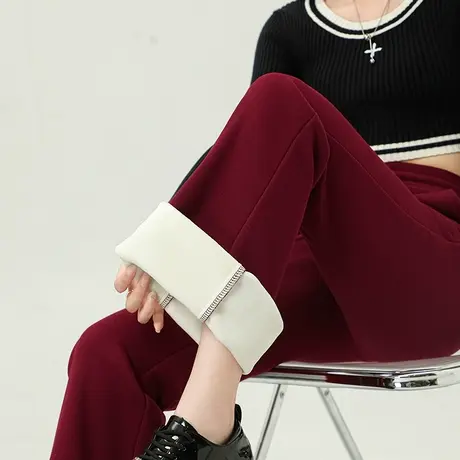 红色喇叭裤女秋冬2023新款爆款高腰垂感休闲瑜伽裤加绒窄版微喇裤商品大图