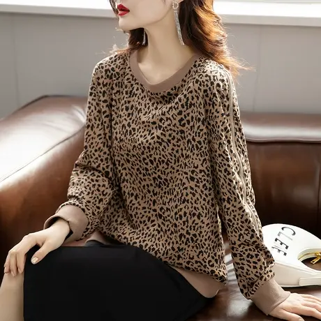 卫衣女春秋新款加肥加大码女装宽松中年妈妈休闲豹纹显瘦圆领上衣商品大图
