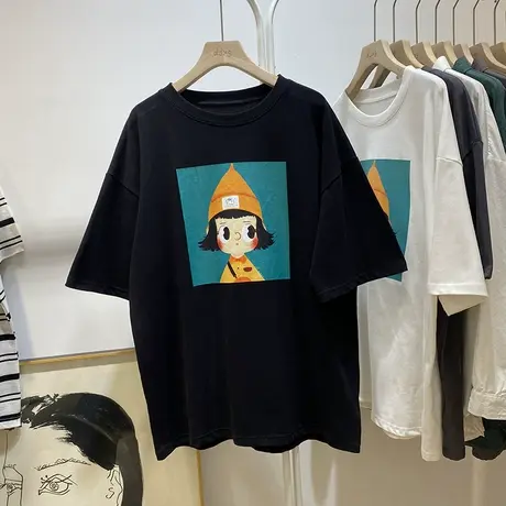 春季洋气时髦简约圆领塌肩短袖卡通小女孩印花t恤女打底衫上衣潮商品大图