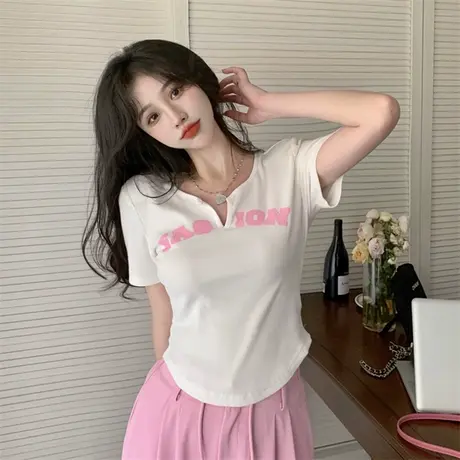 辣妹字母印花正肩短袖T恤女ins潮春夏新款大码胖mm设计感小众上衣商品大图