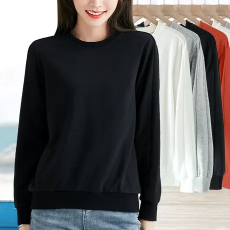 黑色低圆领修身卫衣女2024春秋新款简约休闲长袖t恤内搭打底衫薄商品大图