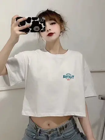 短款仿棉白t短袖T恤女高腰露脐夏季辣妹内搭bm白色上衣服夏天新款图片