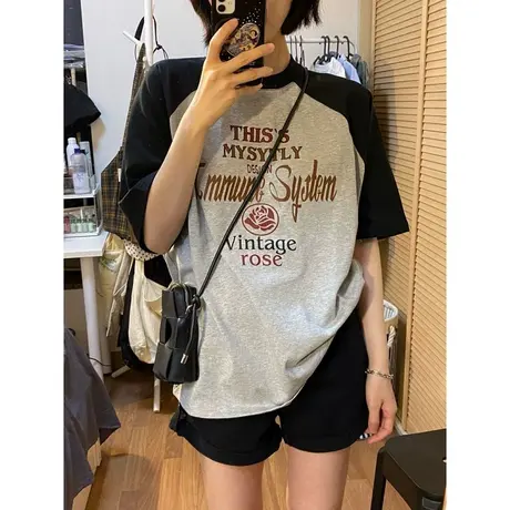 港味复古插肩袖上衣女纯棉2023新款半袖t恤大码ins潮夏季洋气短袖商品大图
