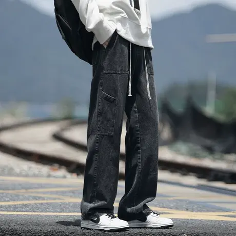 美式复古黑色牛仔裤男春秋季高街抽绳松紧腰宽松直筒裤大码工装裤商品大图