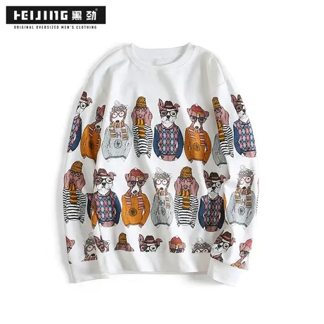 黑劲潮牌大码男装新款卡通印花圆领上衣胖子加肥加大套头长袖卫衣商品大图