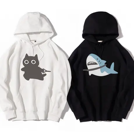 秀洛小猫和鱼法式情侣装钓鱼秋冬连帽套头卫衣宽松加绒衣服情侣款图片