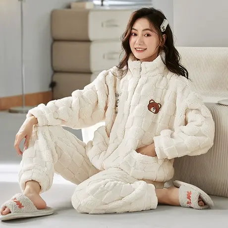睡衣女2023新款珊瑚绒冬季加绒加厚拉链女士法兰绒家居服秋冬套装图片