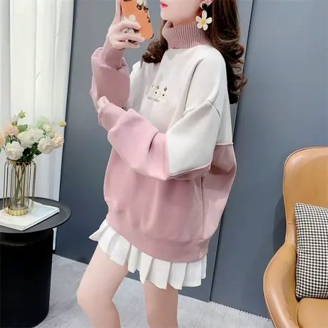 加绒加厚假两件高领卫衣女2023年新款秋冬宽松设计感保暖上衣外套图片