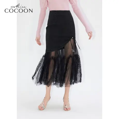 MISSCOCOON新中式【凤羽雀翎】24春新款不规则牛仔网纱拼接半身裙图片