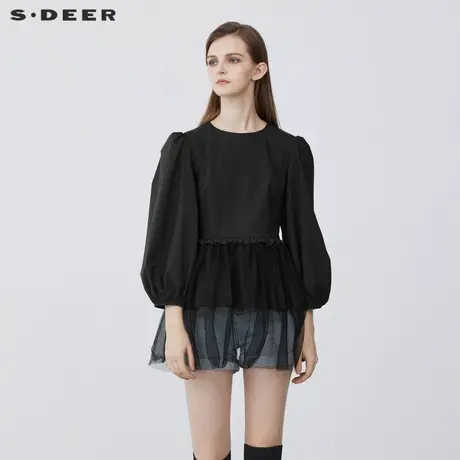 sdeer圣迪奥女装春秋装复古泡泡袖木耳边网纱中袖衬衫S21360533图片