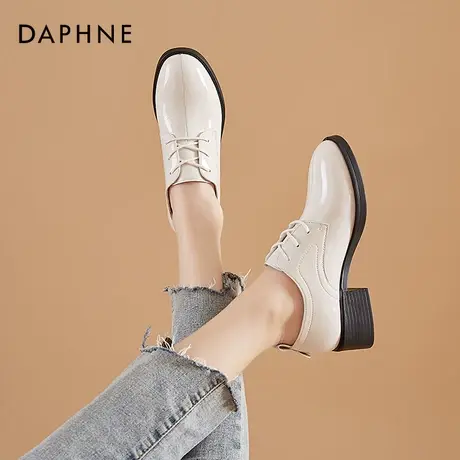 达芙妮黑色小皮鞋女英伦风2020新款圆头舒适系带百搭粗跟单鞋中跟图片