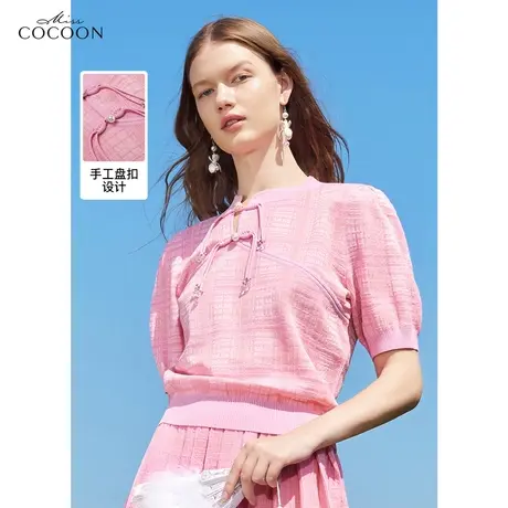 missCOCOON新中式格纹针织衫女2023夏装新款百搭气质减龄短袖上衣商品大图