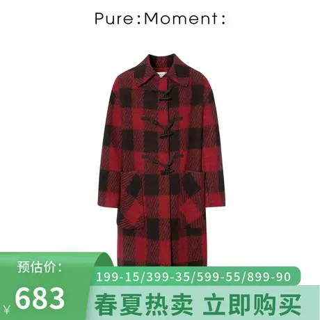 Pure:Moment/毛呢外套女2021年秋冬新品红黑格纹羊角扣中长款大衣商品大图