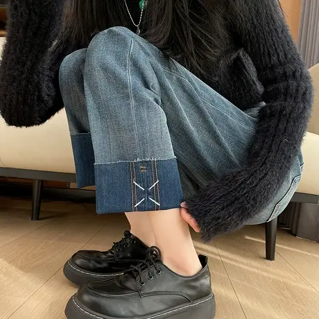 翻边直筒牛仔裤女2024年春秋季新款高腰宽松九分撞色小个子阔腿裤商品大图