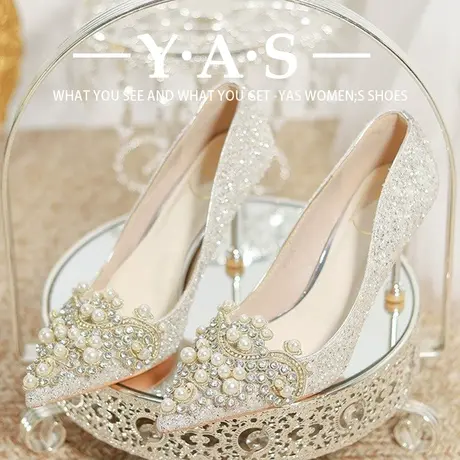 白色婚鞋女2023年新款新娘鞋小众高级感公主不累脚主纱水钻高跟鞋商品大图