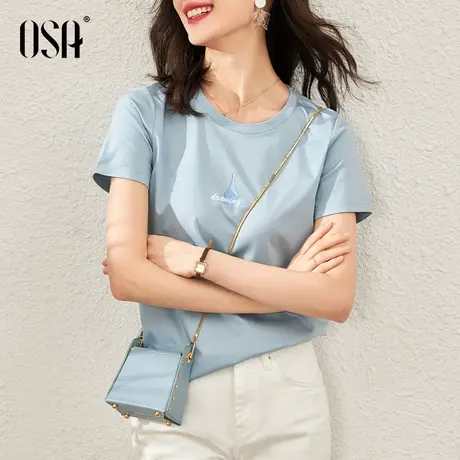OSA欧莎蓝色短袖t恤女2022年新款夏季时尚百搭短款纯棉体恤上衣潮商品大图