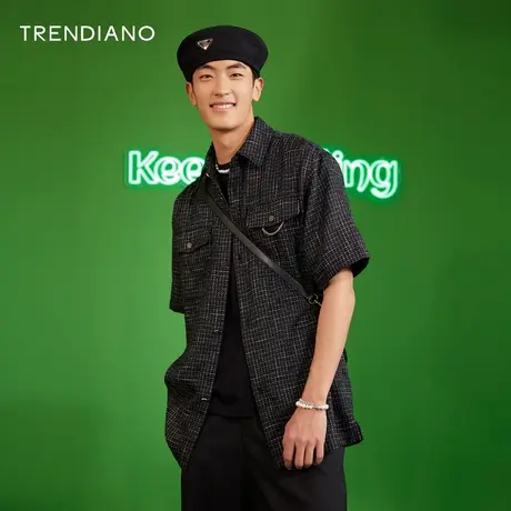 TRENDIANO官方春夏男装新款时尚复古小香风短袖翻领宽松衬衫衬衣商品大图