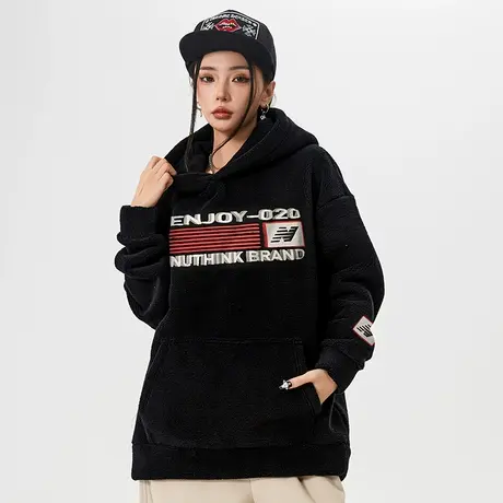Nuthink美式高街刺绣加绒连帽卫衣男潮牌宽松保暖摇粒绒外套冬季商品大图