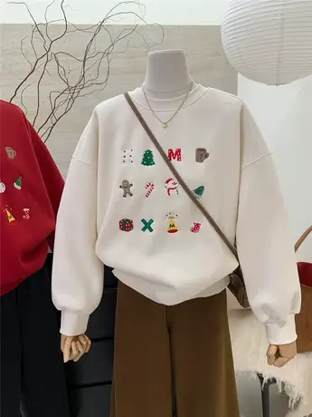 冬季新款设计感复古圣诞印花图案宽松圆领加绒加厚保暖卫衣女上衣图片