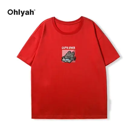 Ohlyah春季新款瞌睡猫图案印花短袖t恤男女无性别纯棉打底上衣潮商品大图