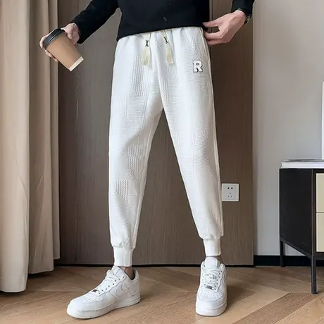 加绒卫裤2022新款裤子痞帅加厚男裤束脚运动裤春秋季白色休闲裤商品大图