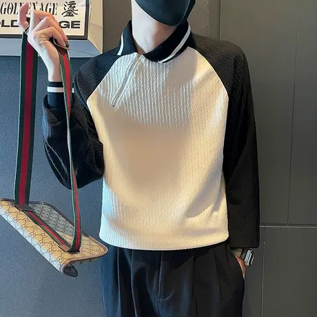 美式拼接翻领卫衣男POLO衫长袖春秋季潮牌斜拉链设计上衣打底t恤商品大图