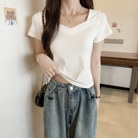 v领t恤女短袖白色打底衫内搭2023新款纯棉正肩鸡心领纯色上衣体恤图片
