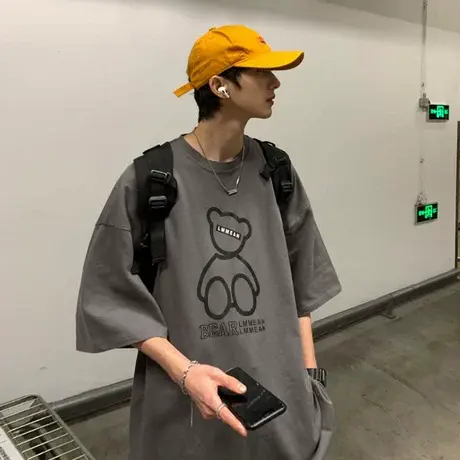 港风短袖t恤男夏季宽松ins潮流韩版休闲纯棉小熊印花半袖薄款夏装商品大图